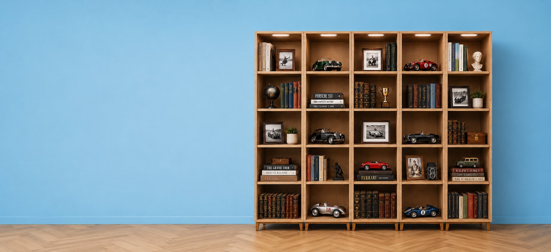 Modular oak bookcase styled with books and collectables against a blue wall
